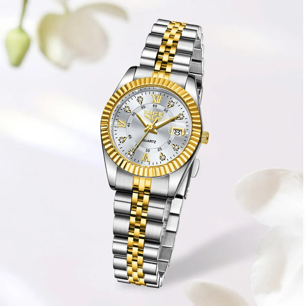 Waterproof quartz fashion watch for women showing metallic colour options with 10mm thickness