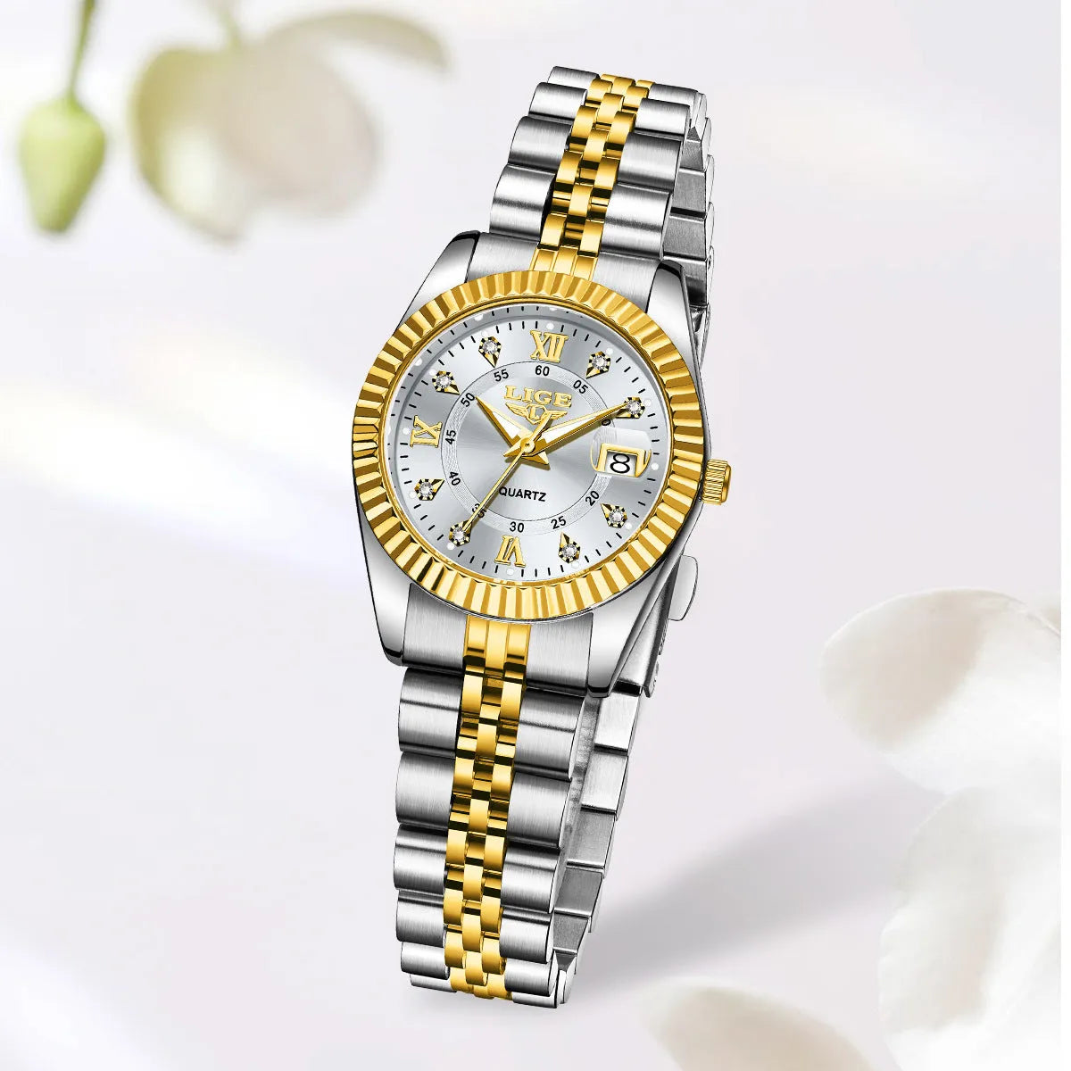 Waterproof quartz fashion watch for women showing metallic colour options with 10mm thickness