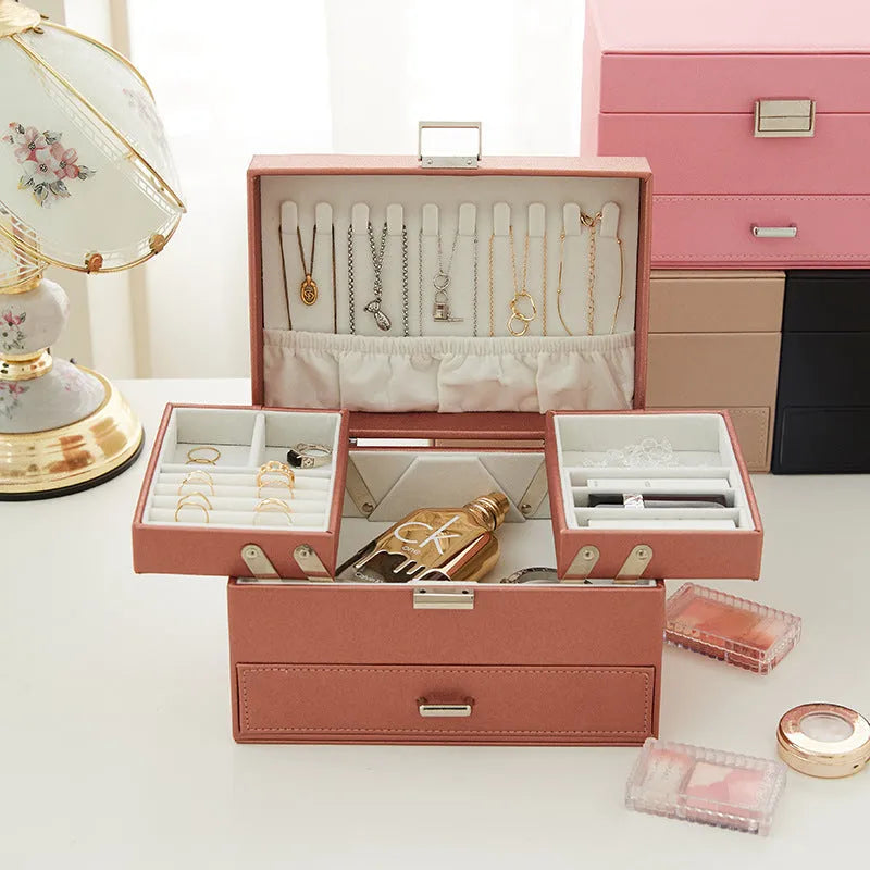 Hard case Fashion Personality jewellery storage box in PU leather, shown in beige colour.