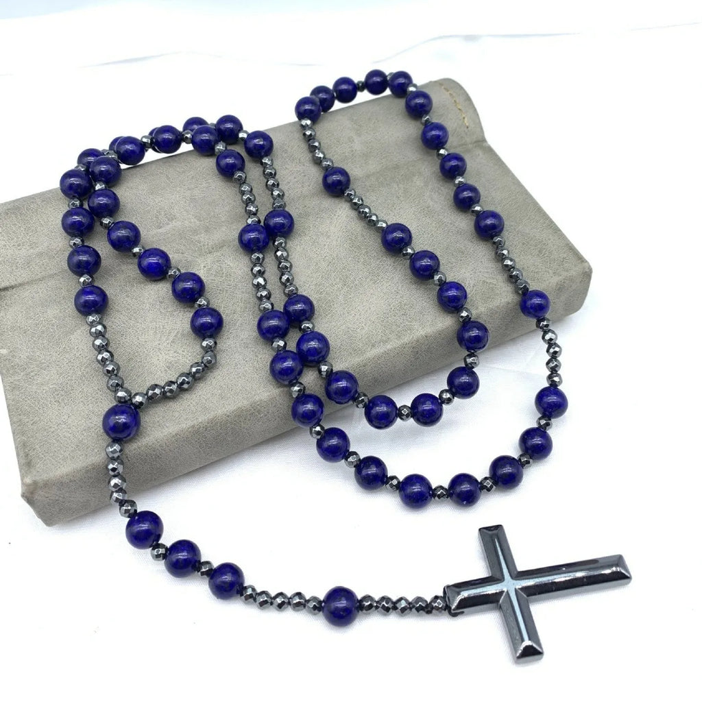 Men's geometric stone cross pendant on an 80cm ball bead chain with a safety lock.
