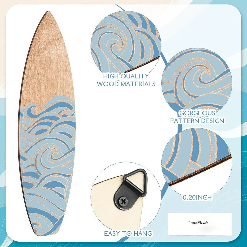 Three wooden surfboard-shaped wall decorations on a white background.