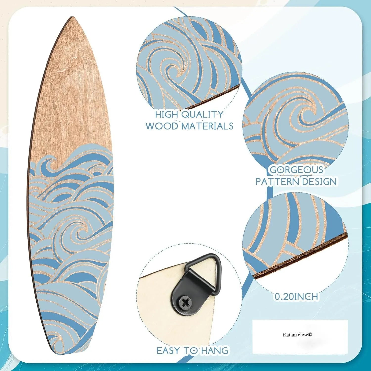Three wooden surfboard-shaped wall decorations on a white background.