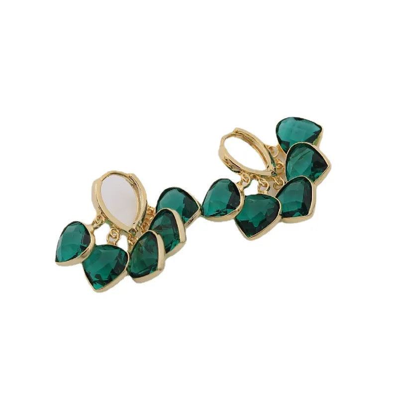 Green heart pendant ear clip earrings with alloy inlaid artificial gemstone, Korean style women's jewellery