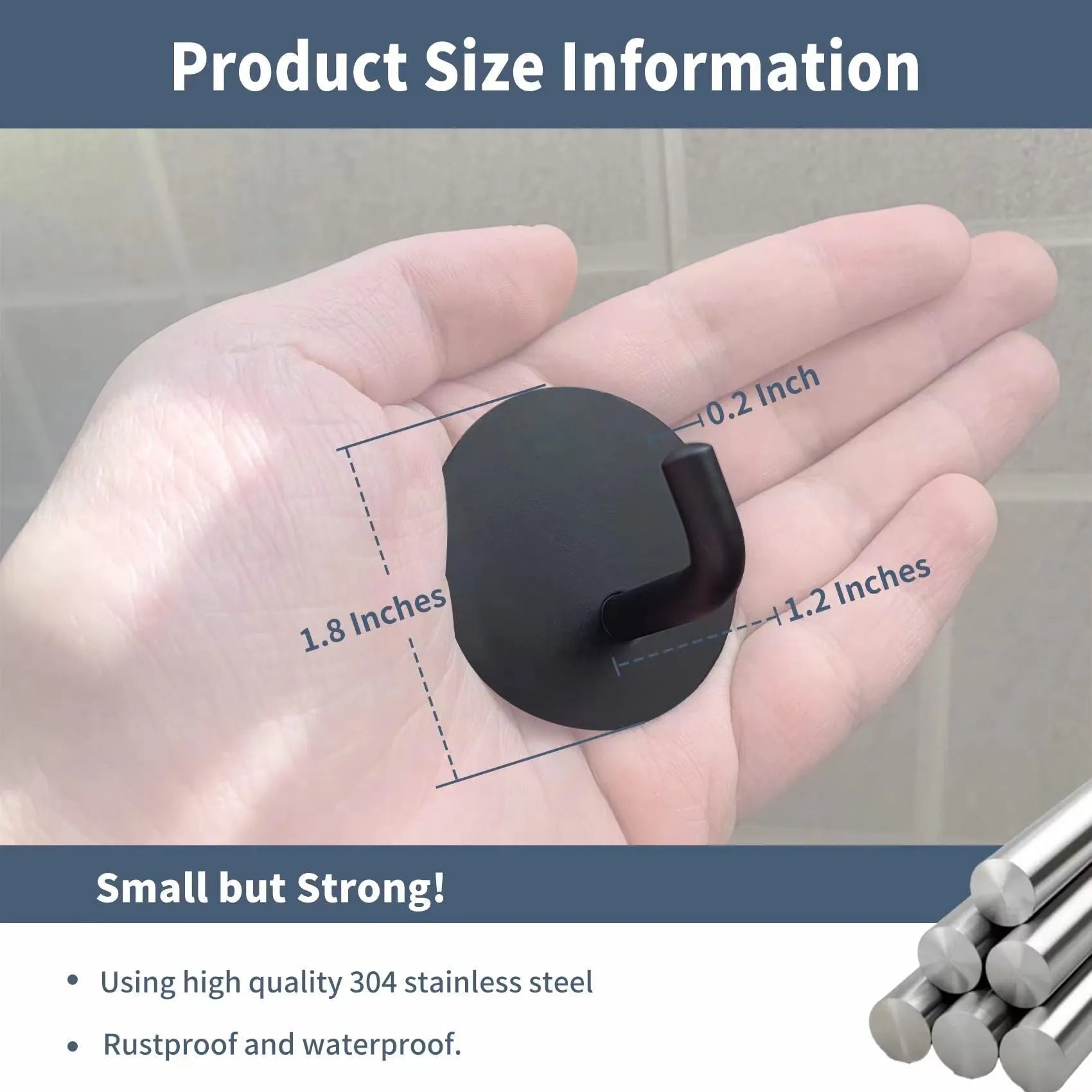 Two stainless steel self-adhesive hooks with black and sanded finishes, suitable for 3kg loads in bathrooms and kitchens