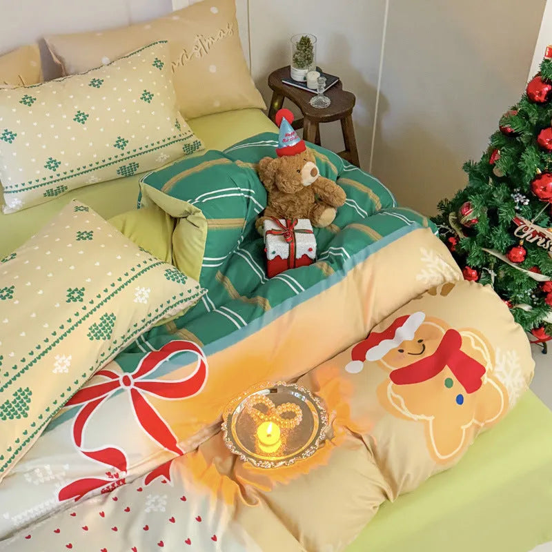 Christmas cartoon printed four-piece bedding set on a bed, showing Gingerbread Man pattern.