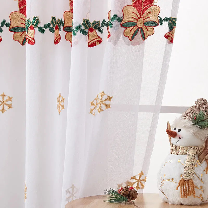 A pair of American-style Christmas curtains with white embroidered snowflakes on semi-sunshade polyester fabric.