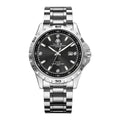 Men's silver watch with stainless steel strap and luminous hands on black dial