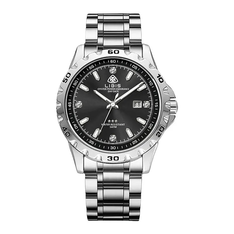 Men's silver watch with stainless steel strap and luminous hands on black dial