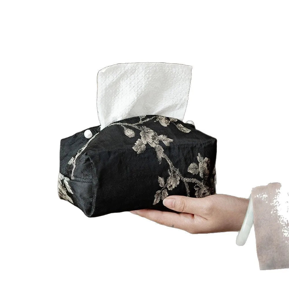 New Chinese style brocade tissue box cover with white plum embroidery pattern