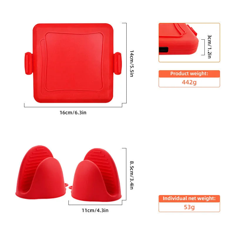 Red silicone baking tray with integrated handbag-style handles and matching oven gloves