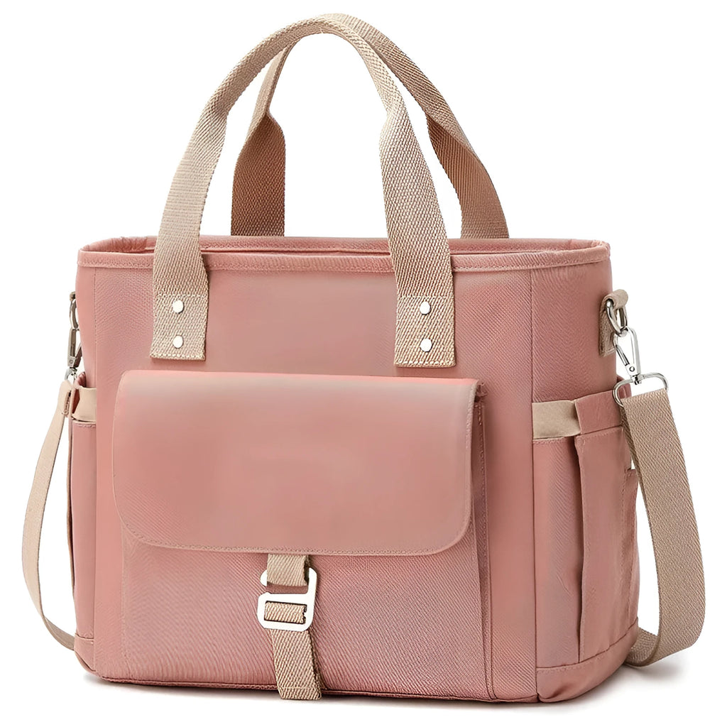 A portable cube-shaped picnic bag with a removable shoulder strap and a side pocket, shown in pink colour.