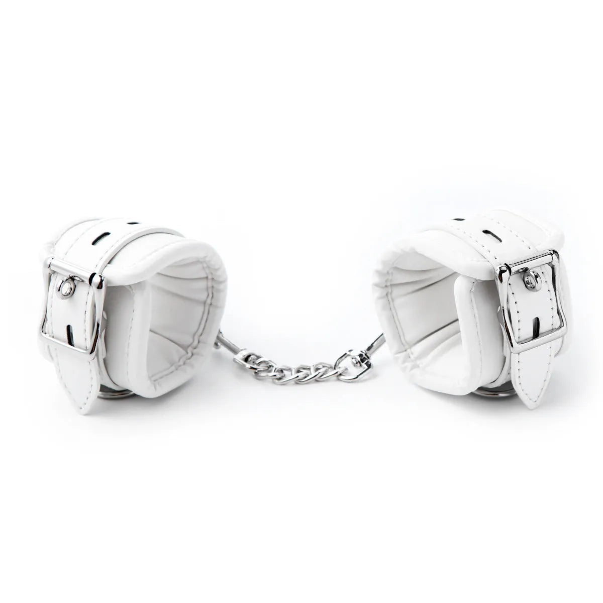 White PU sponge bondage restraint set showing handcuffs, foot cuffs, and a neck cuff on a neutral background.