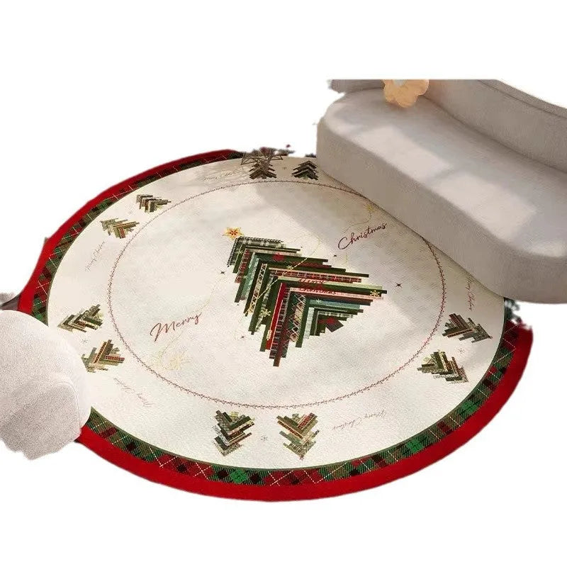 Round Christmas living room carpet in red festive design on wooden floor