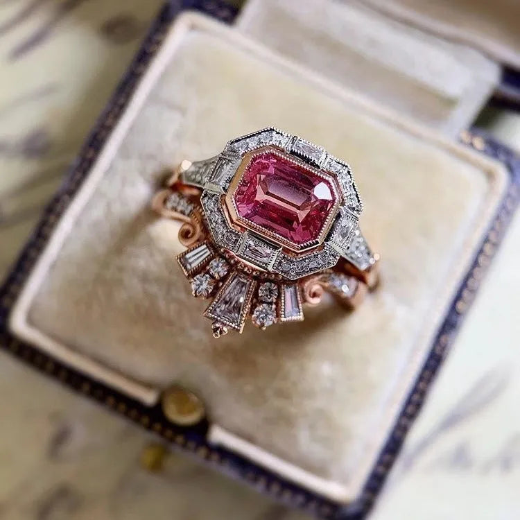 Rose gold geometric alloy women's ring with ruby detailing showing European retro style design