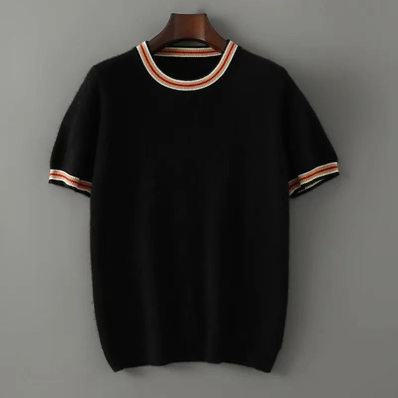 Men's grey pure wool short sleeve sweater with a round neck on a hanger.
