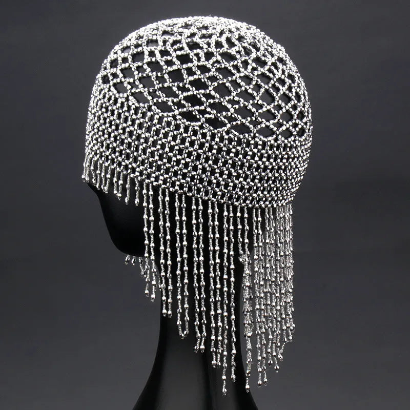 Handmade alloy belly dance hat with decorative mesh in silver or black options and 16.5cm tassels