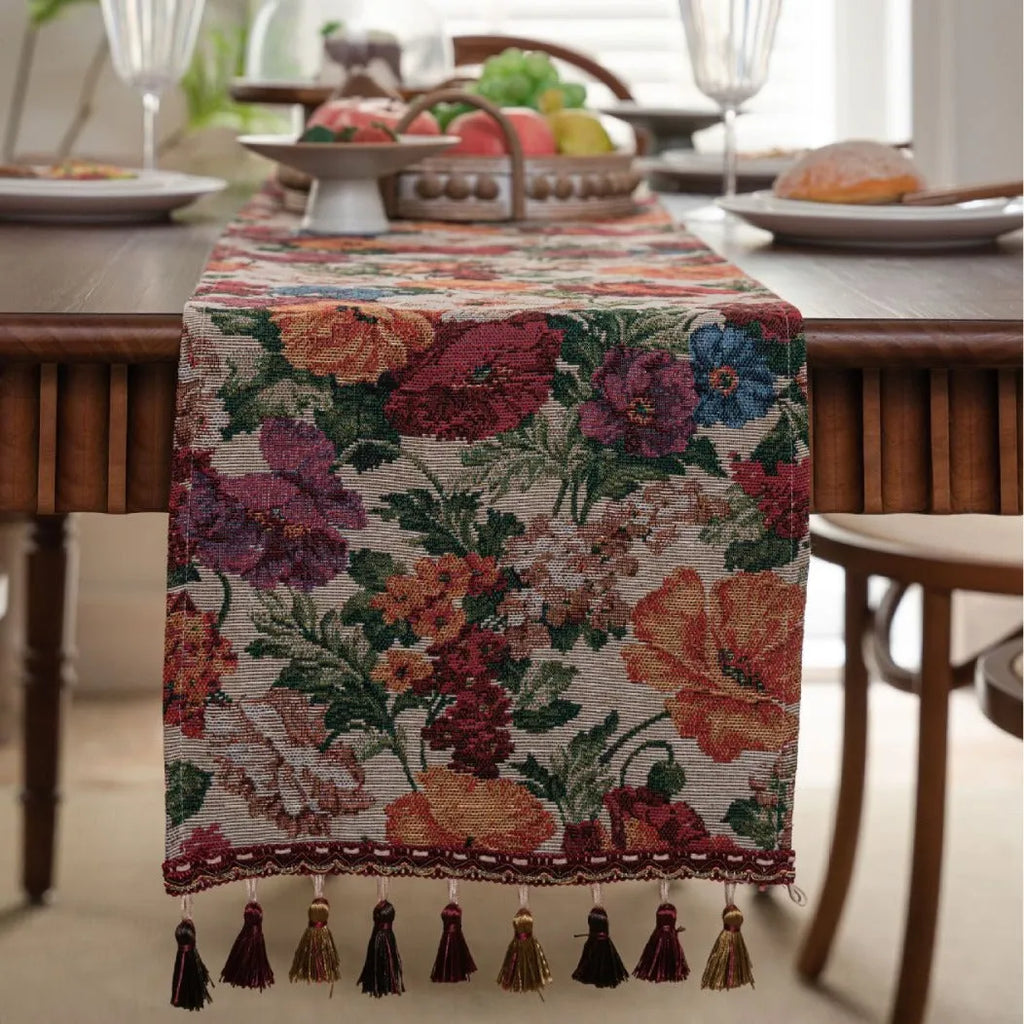American-style long tassel table runner with jacquard floral pattern on table decoration