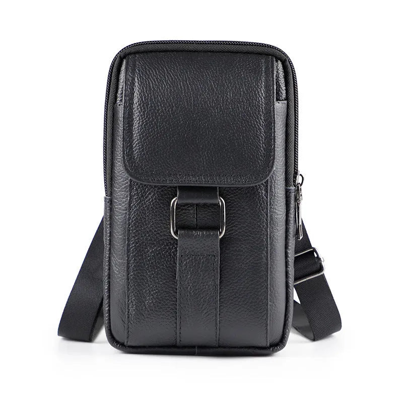 Men's black composite cowhide leather crossbody waist bag with lock fastening