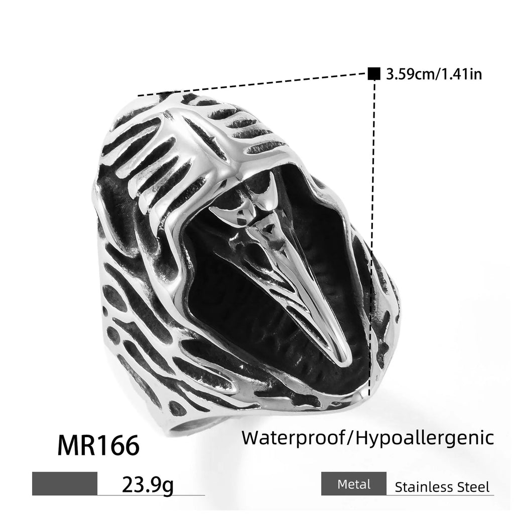 Black geometric crow ring in titanium steel with five sizing options