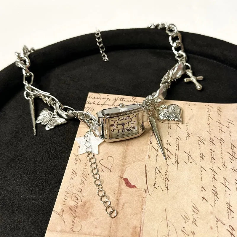 Dark multi-layer cross necklace for women with large hemp flower chain design, adjustable 41-50cm length.