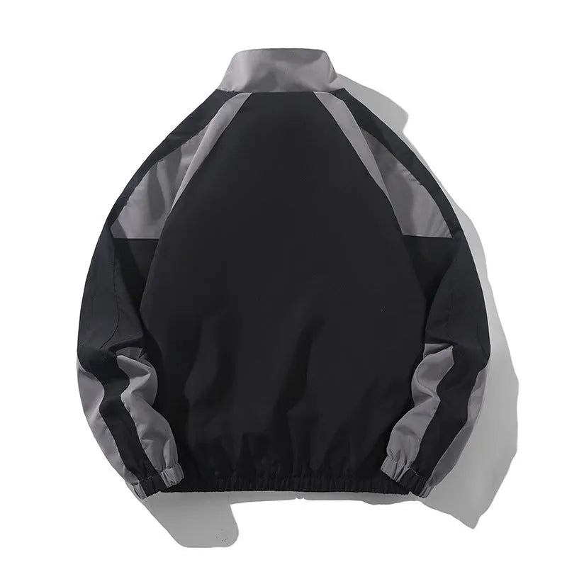 Men's black polyester casual jacket with contrast stitching detail and side seam pockets
