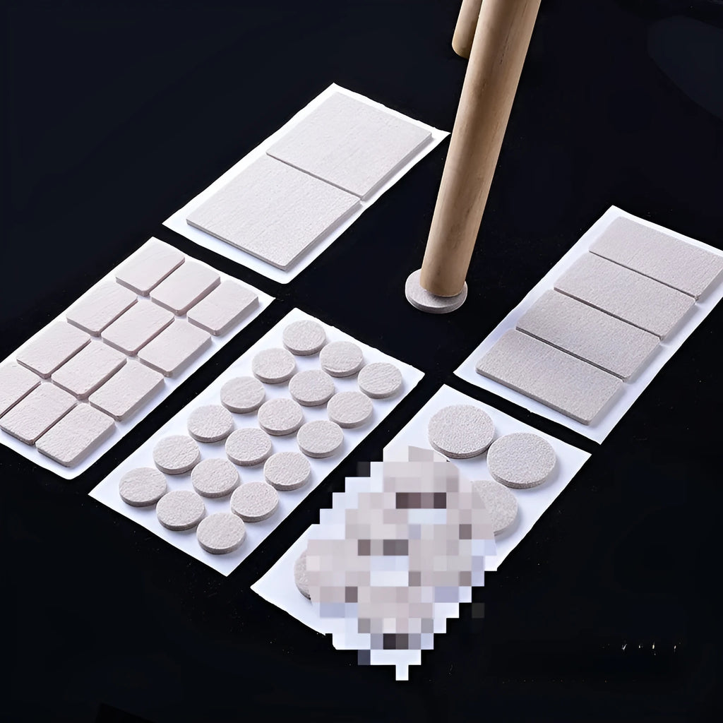 Beige plastic furniture leg protectors showing round and square shapes in five different sizes with non-slip adhesive backing