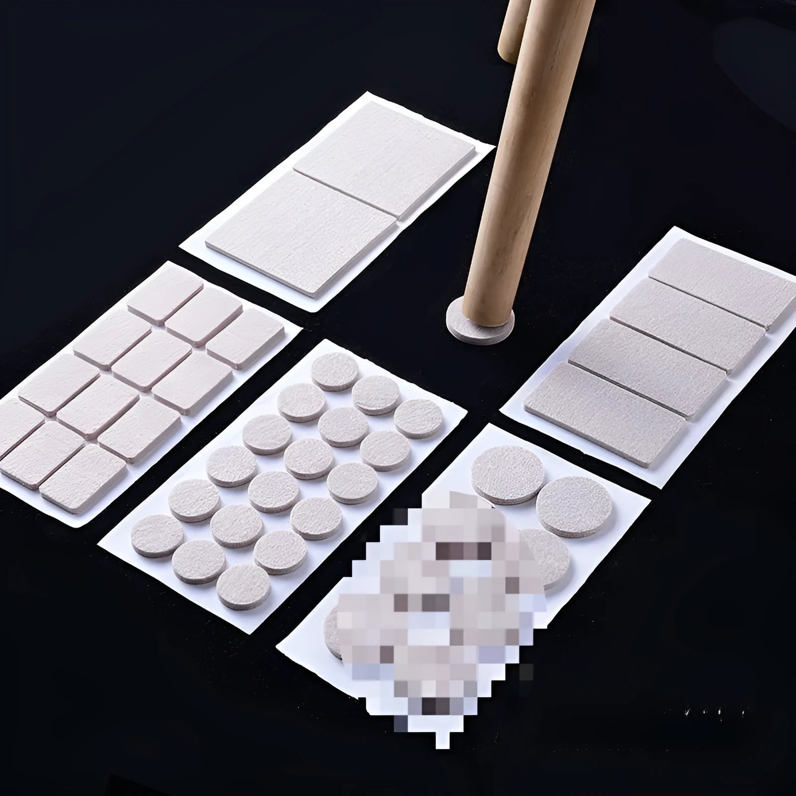 Beige plastic furniture leg protectors showing round and square shapes in five different sizes with non-slip adhesive backing