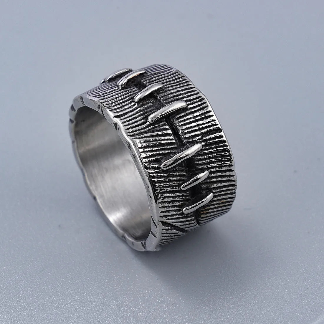Men's titanium steel dark punk stitched ring with geometric U-shaped double design in retro colour