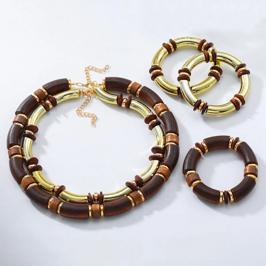 Women's multi-layer wooden necklace and bracelet set with alloy chain and round pendant elements