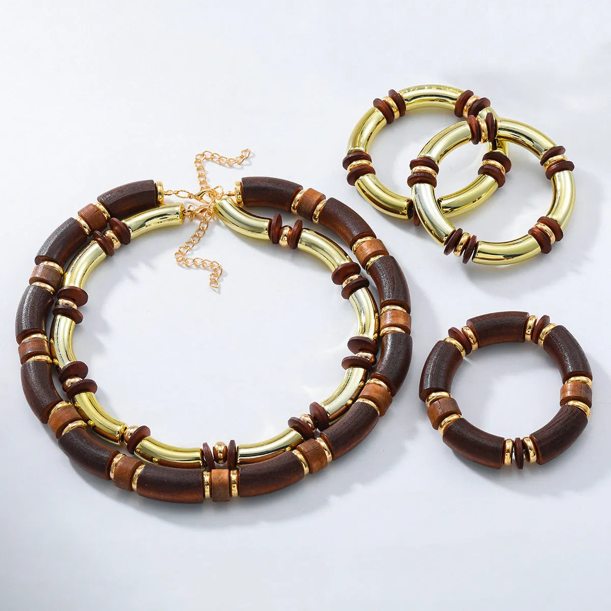 Women's multi-layer wooden necklace and bracelet set with alloy chain and round pendant elements