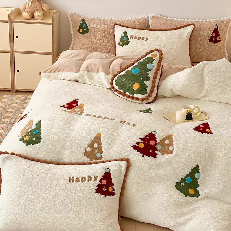 Winter Warm Christmas Tree fleece-lined bedding set in bright yellow with cartoon animation pattern