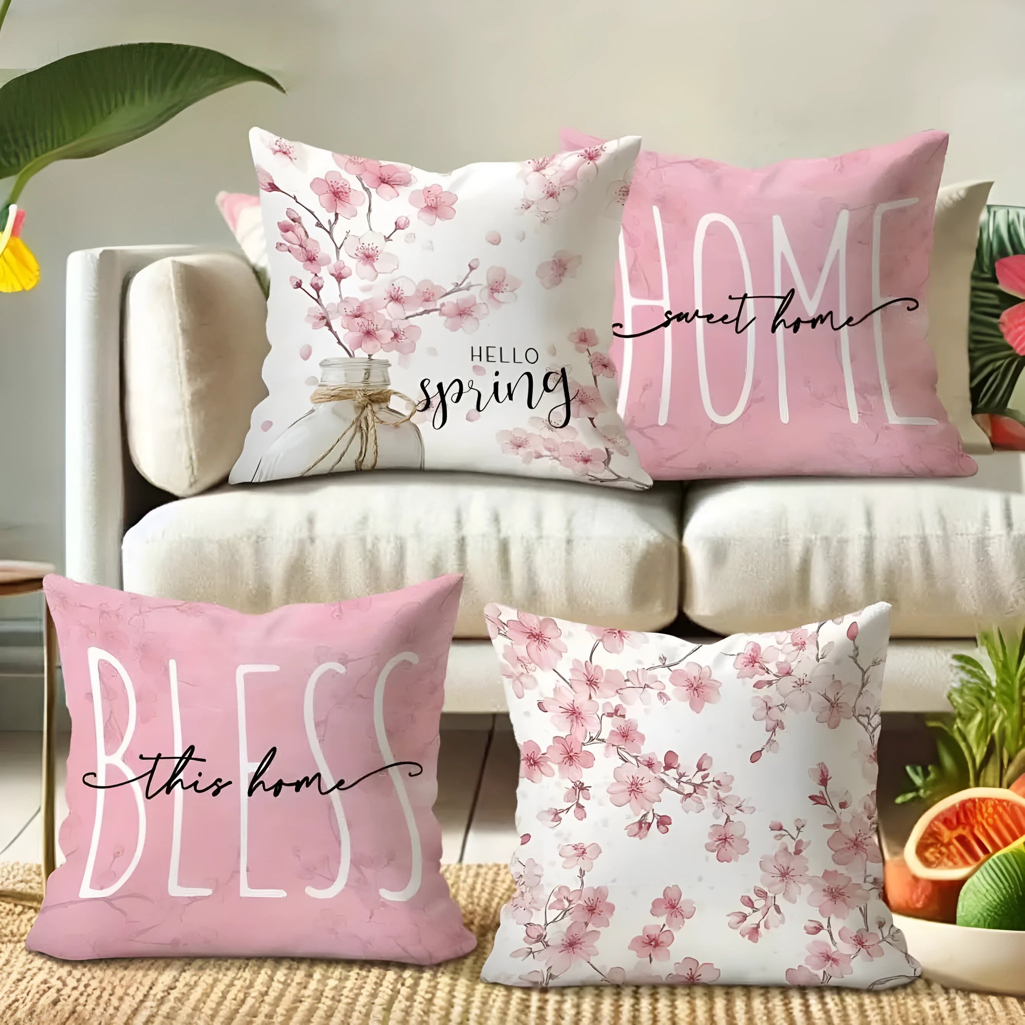 45cm square short velvet cushion cover with cherry blossom and letter pattern in one of four available colours.