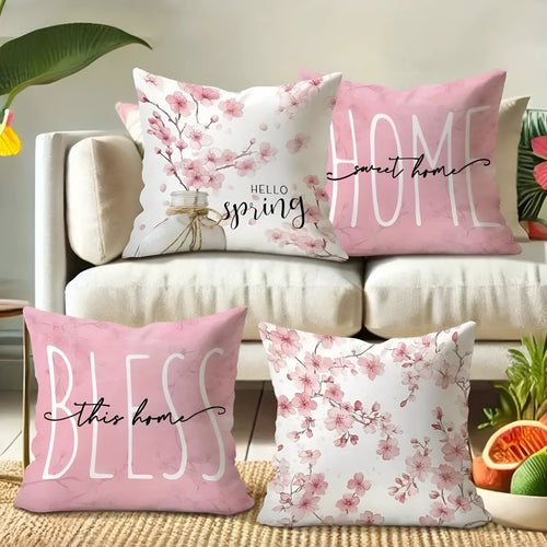 45cm square short velvet cushion cover with cherry blossom and letter pattern in one of four available colours.