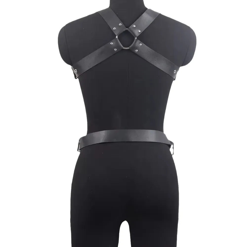 Black patent leather women's body shaper belt with adjustable pin buckle on mannequin
