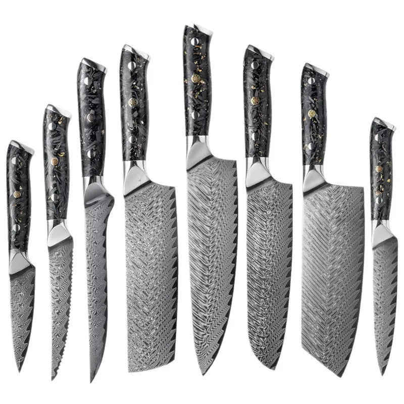 8-piece Damascus steel kitchen knife set with fishbone pattern, showing knives from 3.5-inch fruit knife to 8-inch chef knife.