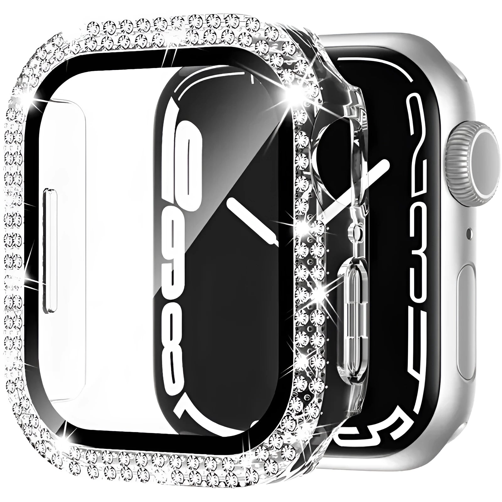 Apple Watch protective case with double diamond glass in rose pink, gold, silver, and black colour options.