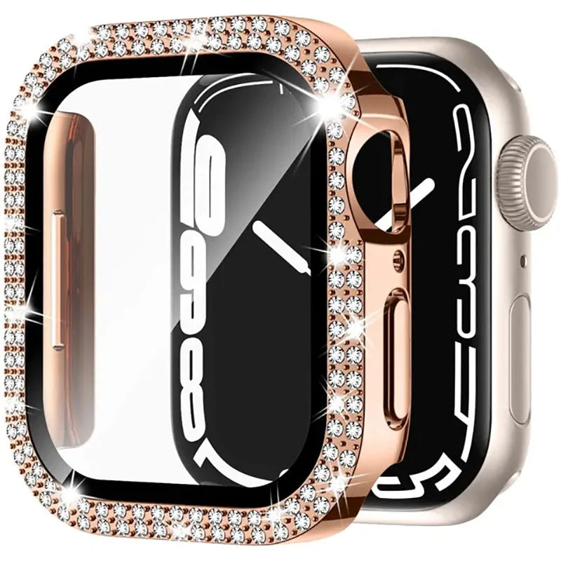 Apple Watch protective case with double diamond glass in rose pink, gold, silver, and black colour options.