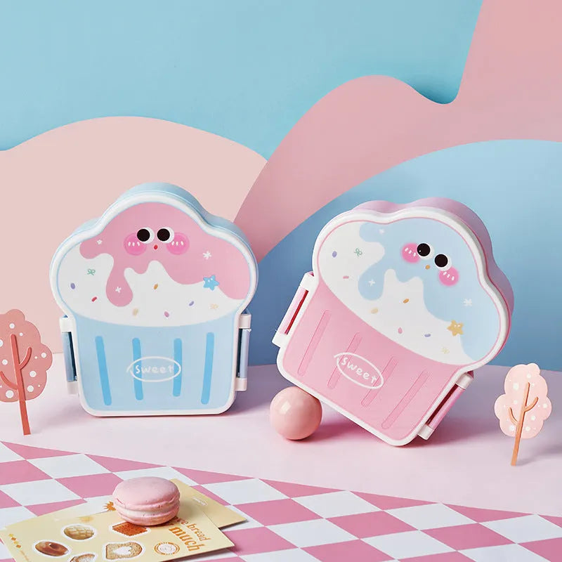 Pink and blue ice cream shaped plastic lunch boxes with bento compartments, includes spoon and fork
