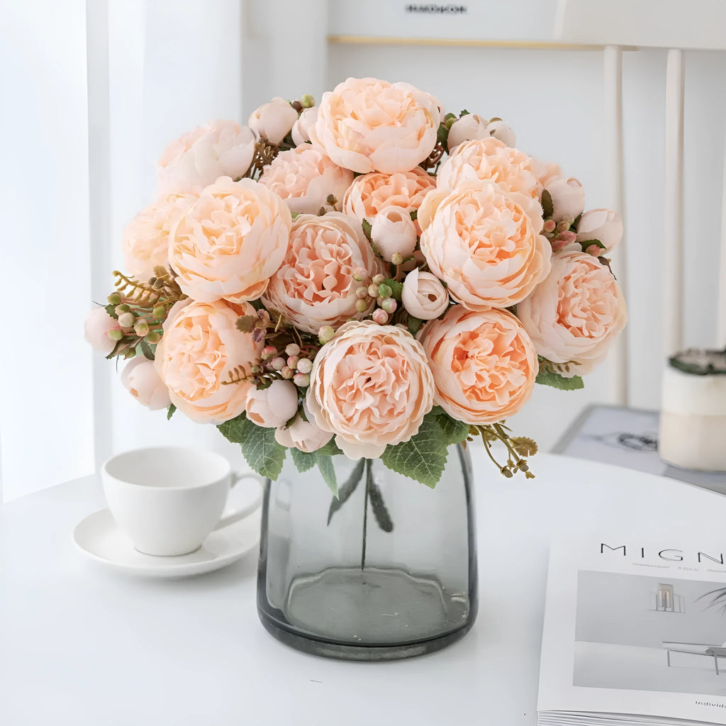 Artificial silk peony bouquet in champagne colour for home or wedding table decoration.