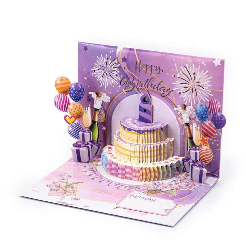 Chinese ink style 3D greeting card showing manually folded cake design with light music blowing theme