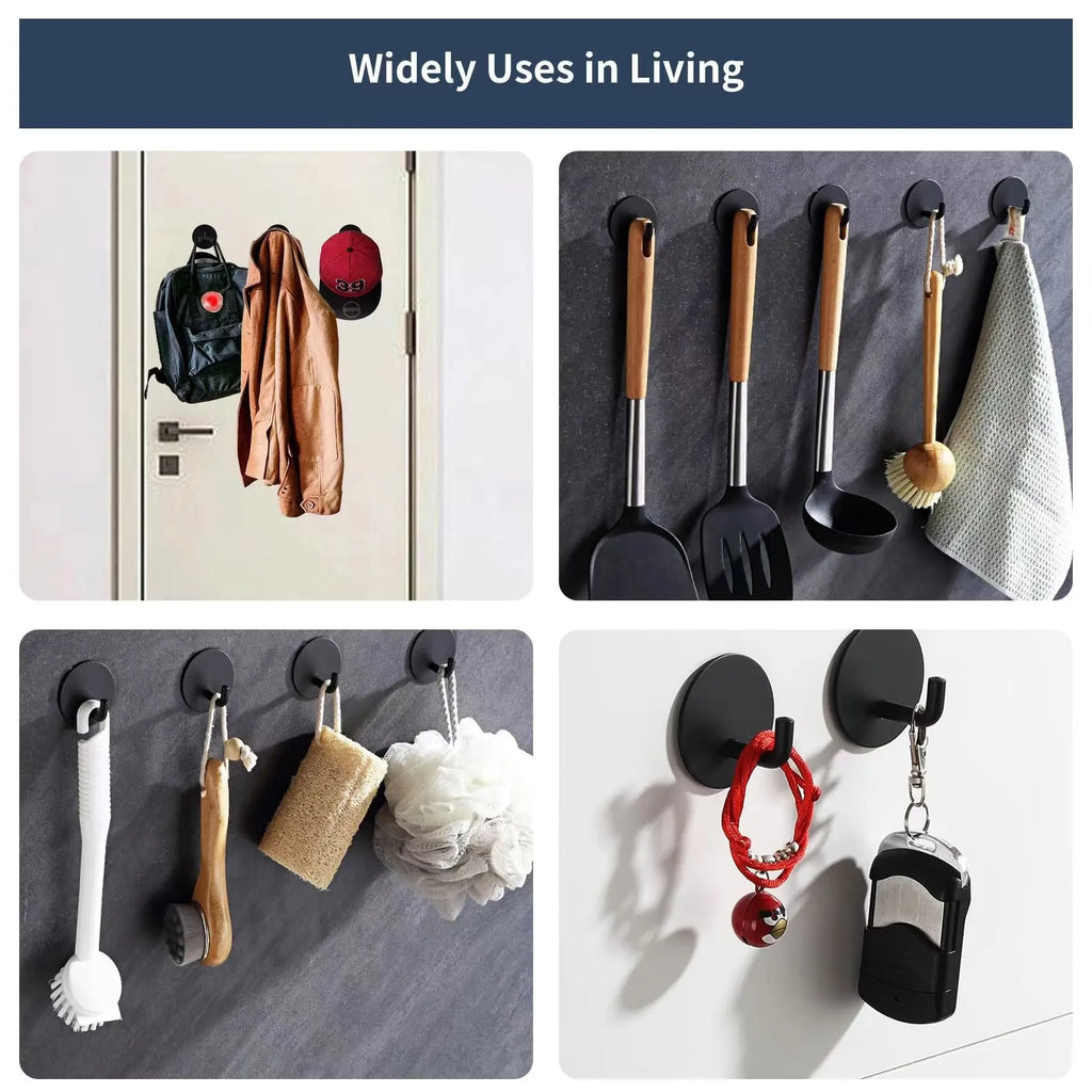 Two stainless steel self-adhesive hooks with black and sanded finishes, suitable for 3kg loads in bathrooms and kitchens