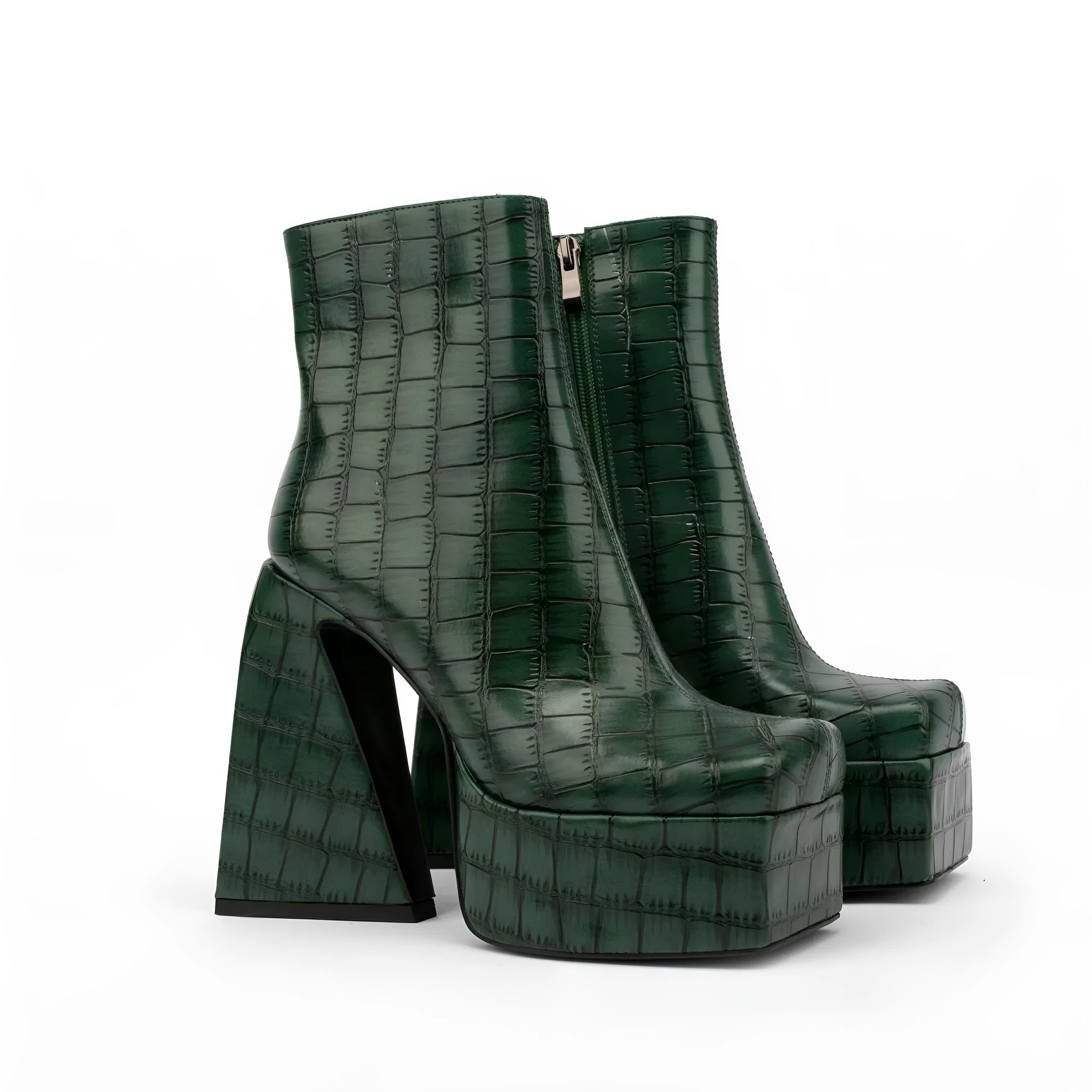 Women's artificial PU ankle boots with super high heels, shown in solid colours.