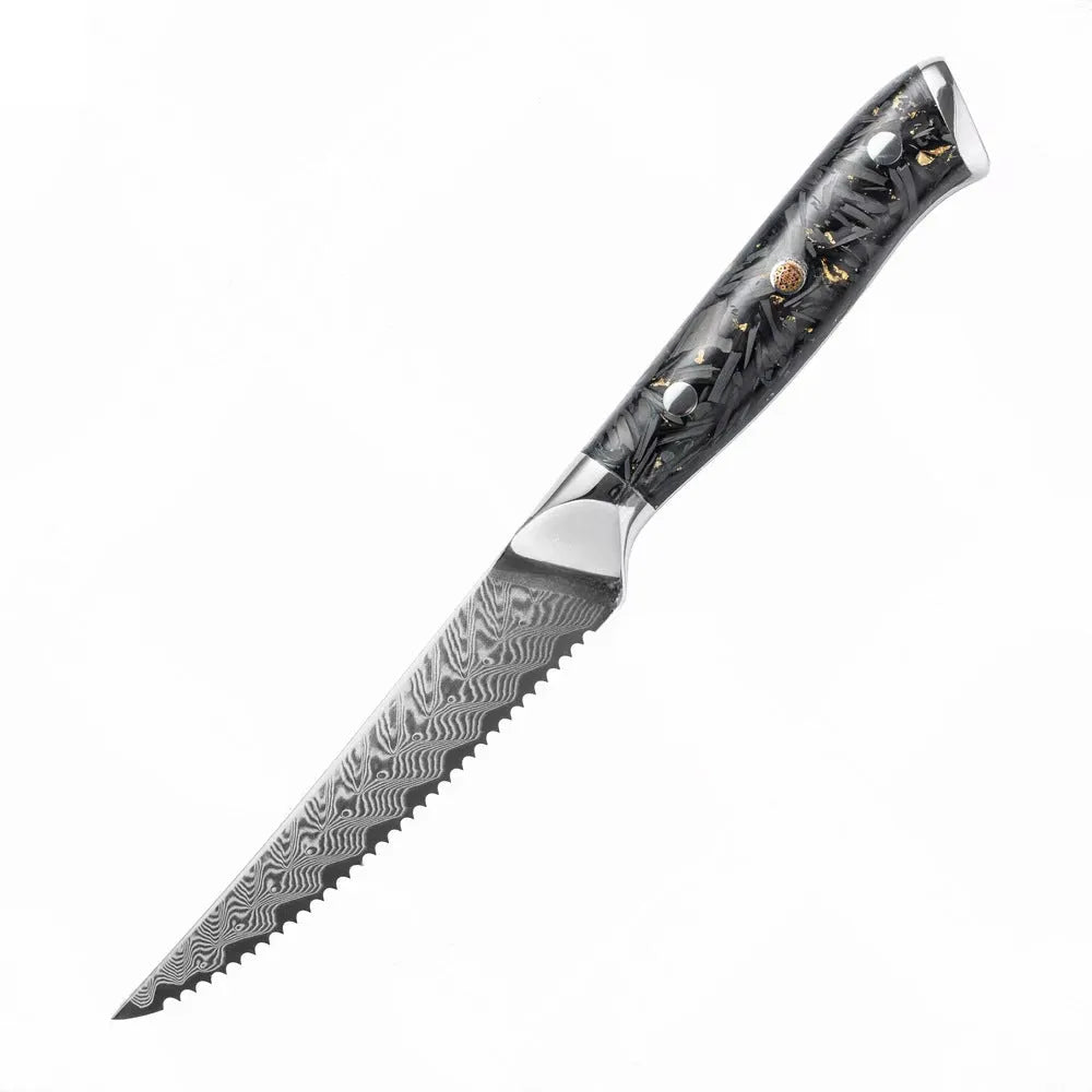 8-piece Damascus steel kitchen knife set with fishbone pattern, showing knives from 3.5-inch fruit knife to 8-inch chef knife.