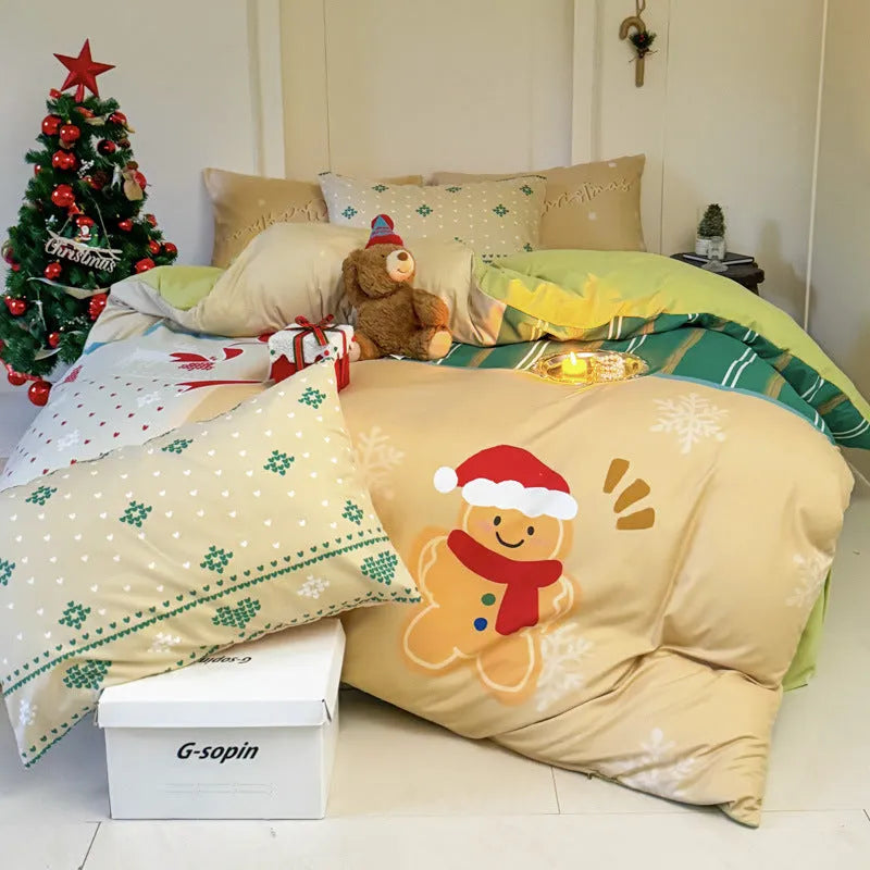 Christmas cartoon printed four-piece bedding set on a bed, showing Gingerbread Man pattern.