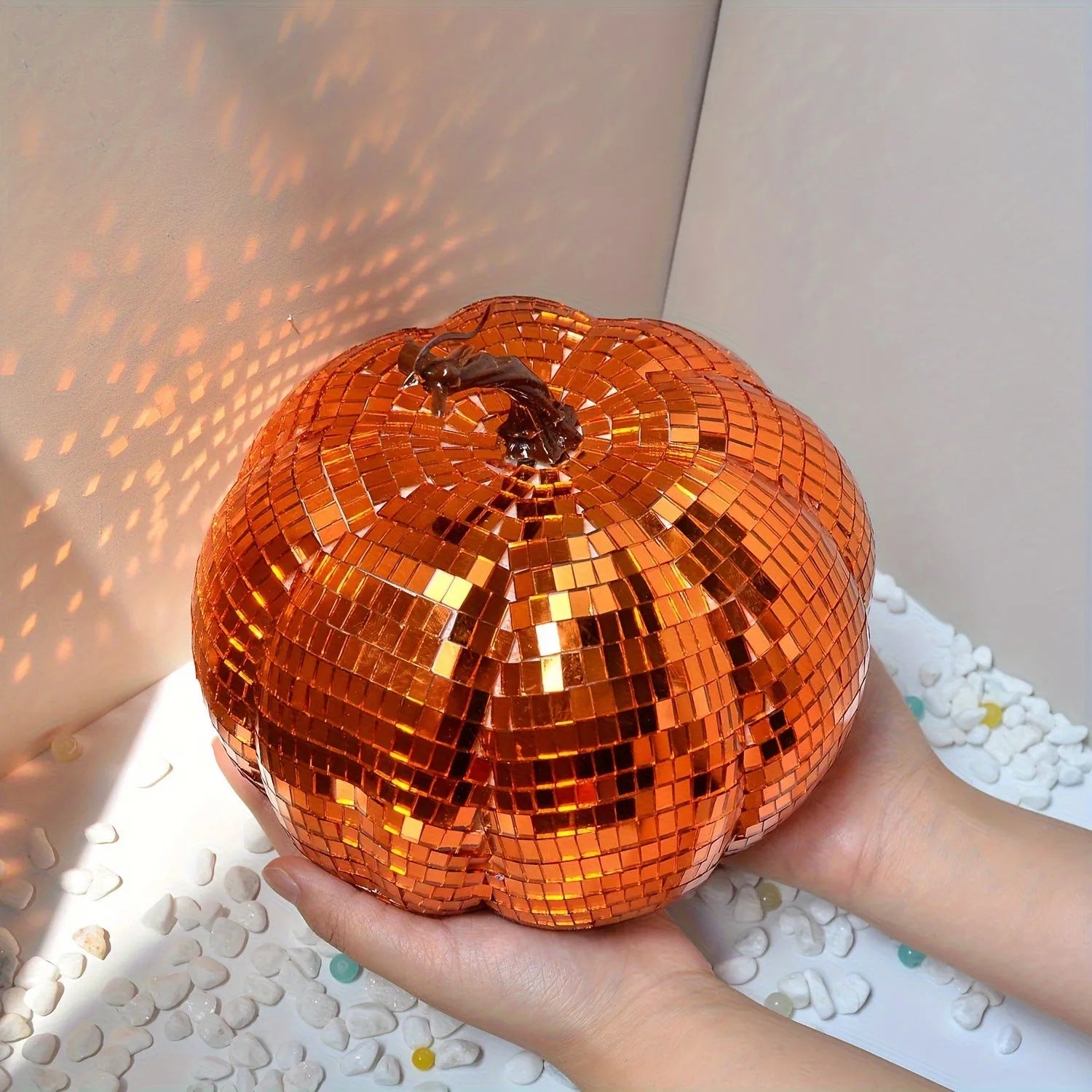 Glass pumpkin Halloween decoration with embroidered details in Chinese style, showing size options