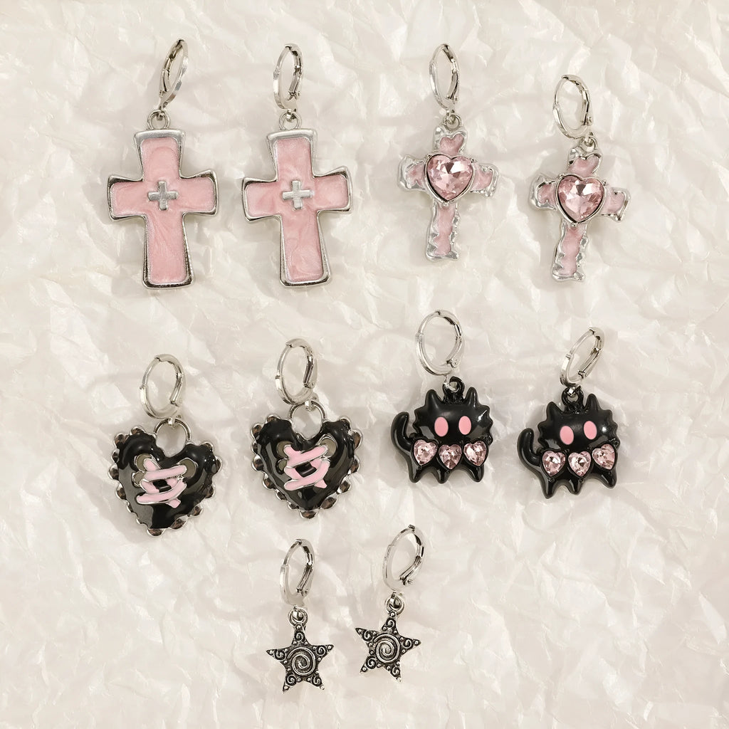 Women's alloy cross crystal stud earrings with geometric and animal designs in five colour options