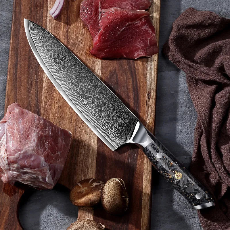 8-piece Damascus steel kitchen knife set with fishbone pattern, showing knives from 3.5-inch fruit knife to 8-inch chef knife.