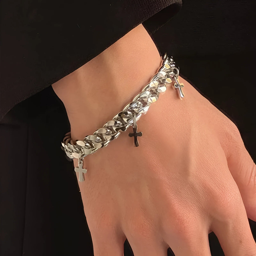Men's titanium steel bracelet with geometric design and cross motif in cold wind style
