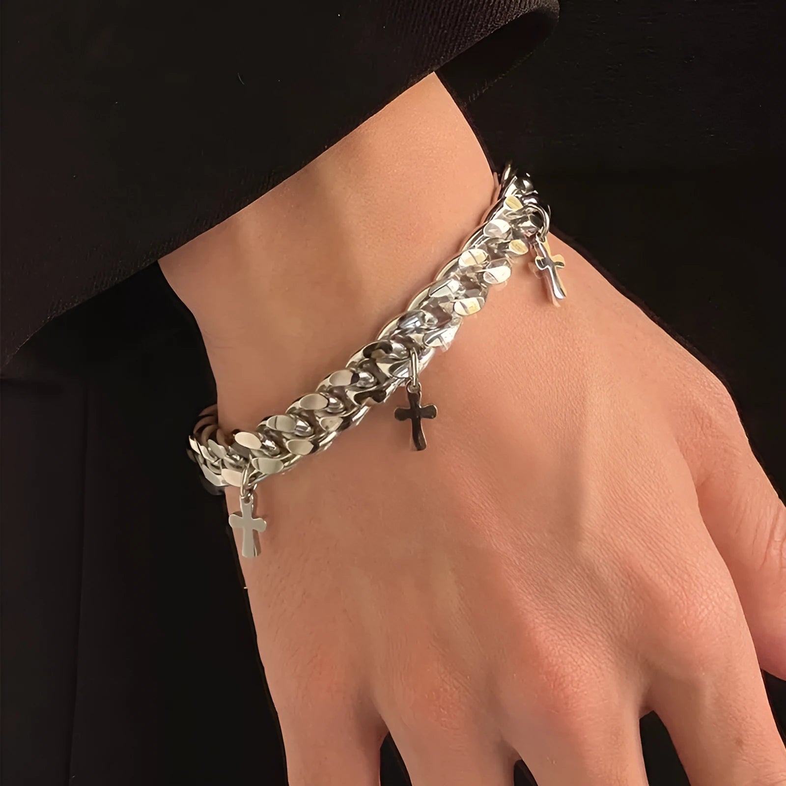 Men's titanium steel bracelet with geometric design and cross motif in cold wind style
