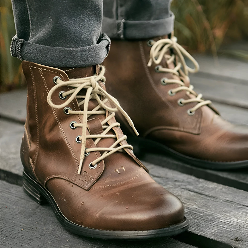 Knight Series black and brown leather boots with side zipper and low heel